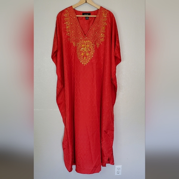Asgro Red Textured Satin Kaftan with Gold Embroidery Boho Caftan Maxi Dress - Picture 9 of 9